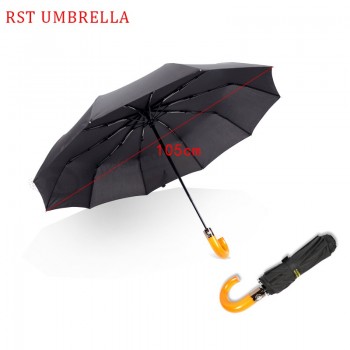 Windproof wooden handle automatic 3 folding mini travel umbrellas with 10 ribs fiberglass and your logo