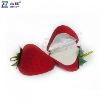 Popular unique design red flocking material fruit Strawberry shape ring box with your logo
