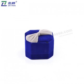 Custom plastic flannel material blue Octagonal bow Jewelry Packaging ring box with your logo