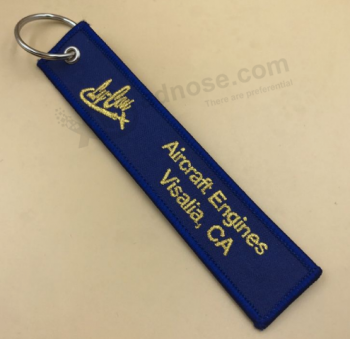 Embroidery Custom Woven Textile Logo Keychain with gold sewing
