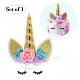 Unicorn Cake Topper , Ears and Eyelashes and Flowers for Baby Shower, Wedding and Birthday Party