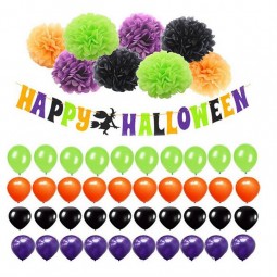 Happy Halloween Banner Kit with Pearl Latex Balloons Set with Paper Pompom Flower for Halloween Party Decoration