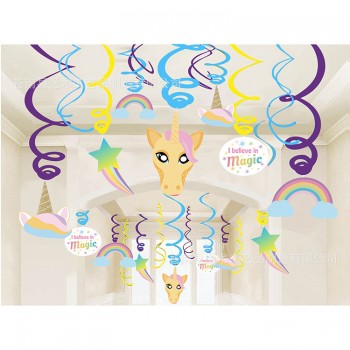 Unicornio tema feliz cumpleaños espiral etiquetas hoja remolinos, guirnalda de unicornio