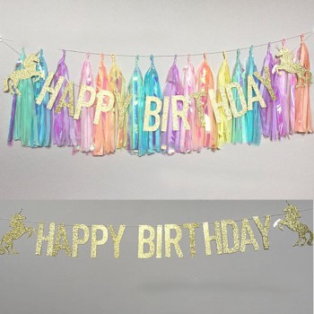 Unicorn theme happy birthday banner papel borla kit