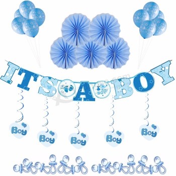 Thema feest decoraties baby shower het is een jongen banner ballonnen en papier fans