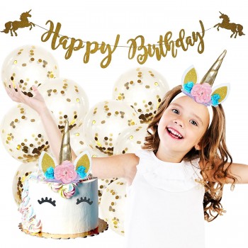 Suministros de fiesta de unicornio-Venda del unicornio, topper de la torta del unicornio con las pestañas, bandera del cumpleaños y fiesta de cumpleaños de 10 globos de oro