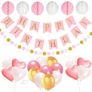 Decoraciones de cumpleaños, artículos de fiesta, 1 bandera de feliz cumpleaños, 6 kit de flores de pompones, 17 globos de cumpleaños, guirnalda de punto rosa y dorado