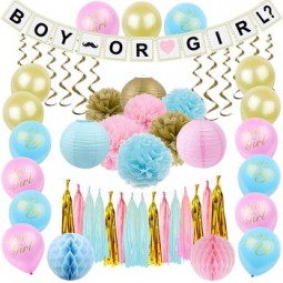El género revela los suministros del partido, el kit de decoración de la ducha del bebé con los globos de la bandera del niño o la niña para el género revelan la decoración del par