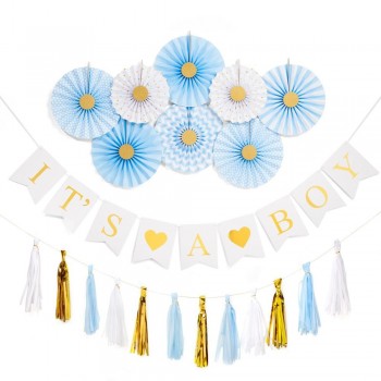 Decorações do chuveiro de bebê menino é um papel de tecido bandeira menino ventiladores borlas folha de ouro pendurado fornecedor