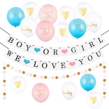 性别揭示党装饰套件男孩或女孩我们爱你横幅，哦，宝贝，这是一个女孩男孩金心粉红色蓝色白色气球