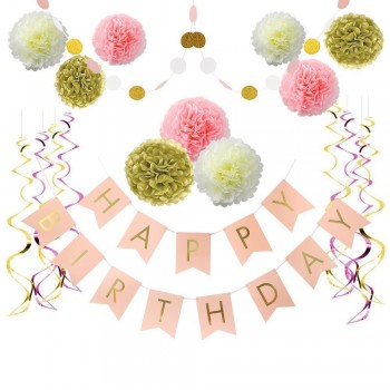 Pom poms花卉套件，纸花环，悬挂漩涡，粉红色和金色生日婴儿沐浴装饰品/横幅