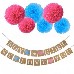 Pancarta de niño o niña bandera de género revelan pancarta de papel pompones flor para decoraciones de ducha de bebé