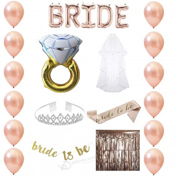 单身派对用品玫瑰金新娘淋浴装饰和恩惠套件与气球头饰面纱腰带横幅戒指和照片展位背景