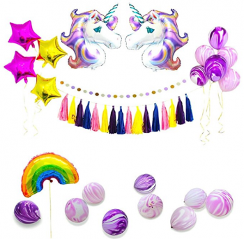 44 Pcs Unicorn Balloons Party Supplies Set, Unicorn Foil Balloons Marble Latex Balloons Tissue Tassel Garland for Birthday Party