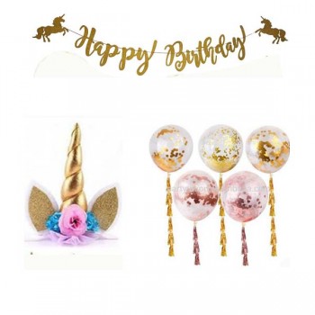 Fiesta unicornio suministros diadema de unicornio, unicornio cake topper con pestañas, banner de cumpleaños 5 piezas de globos de oro