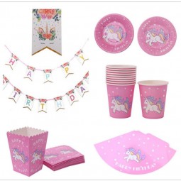 뜨거운 판매 유니콘 파티 용품 배너+컵+팝콘 컵+모자+접시+컵 케잌 토퍼 42pcs