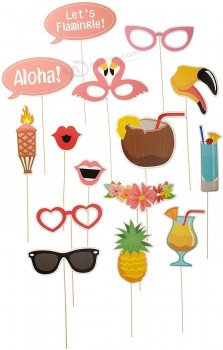 21Pcs. photo booth props that include different little lip styles pineapple tiki torch flower halo two chat cut outs that say