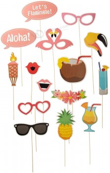 21pcs photo booth props that include different little lip styles pineapple tiki torch flower halo two chat cut outs that say"Aloha!"