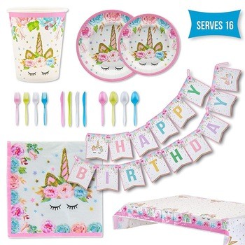 Unicorn Party Supplies Set Girls Birthday Decorations for Kids Serves 16 Guests