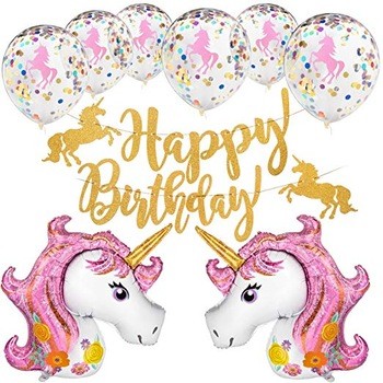Kit di forniture di partito unicorno con palloncini unicorno rosa, palloncini di coriandoli oro banner buon compleanno
