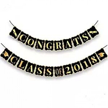 Congrats Class of 2018 Graduation Party Supplies 2018 Banner for Graduations Decorations Black and Gold Banner