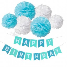 Happy Birthday Banner Kit, Paper Pom Poms flowers Ball with Hanging Party Decorations