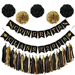 45 PCS 2018 Graduation Banner Black Gold 5 Pom Poms Flowers 20 Black Gold Tassels Classy Graduation Party Decorations