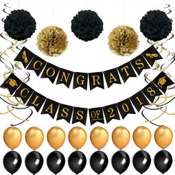 2108 Party Banner Graduations Decorations Pom Flowers Balloons Swirls Black Gold Party Decorations Kit Graduation Party
