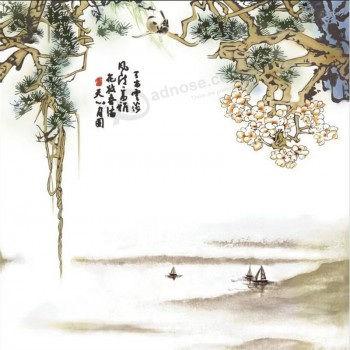 B128高品质着名中国水墨画装饰中国典型绘画与树和船墙装饰