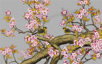 B133 de qualité supérieure imprimé d'arbres et d'oiseaux, peinture murale à l'encre de Chine