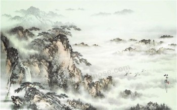 B141 Atmospheric Landscape Painting,Chinese Ink Painting of Landscape with Mountains and Rivers for Home Decor