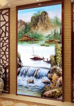 B142风景水墨画船的美丽河流和山脉的墙面装饰