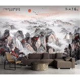 B149 landschap van bergen bij zon opkomst tijd afdrukken van chinese karakters inkt schilderij