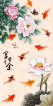 B157 Wall Art Flower Ink Painting Printed Peony Fish and Lotus Decor Picture