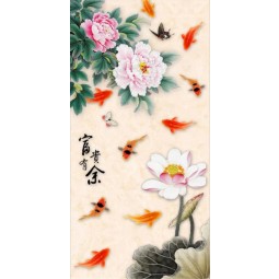 B157 Wandkunst Blumentinte Malerei gedruckt Pfingstrose Fisch und Lotus Dekor Bild