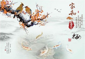 B160 Plum Blossom Birds and Fishes Chinese Ink Painting for Living Room House Wall Decoration