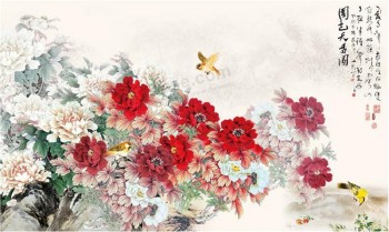 B167 Custom Design Peony and Birds Traditional Ink Painting Eco-friend Painting Printing Art