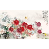 B167 design personnalisé pivoine et oiseaux peinture à l'encre traditionnelle eco-Ami peinture impression art