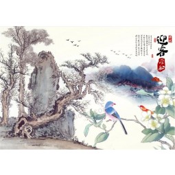 B171 고대 나무 꽃 새 산과 강 잉크 페인팅 tv 배경 벽 그림
