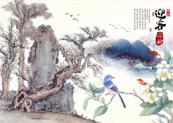 B171 고대 나무 꽃 새 산과 강 잉크 페인팅 tv 배경 벽 그림