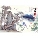B171 arbres anciens fleurs oiseaux montagnes et rivières encre peinture tv fond peintures murales