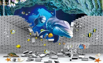 A231 3D Brick Background Wall Underwater World Printed Ink Painting Mural for Children's Room Decoration