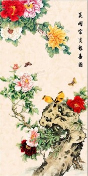 B188現代中国の壁画牡丹の花の鳥と山のポーチの壁画