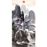 B217 beau le soleil rouge se lève dans la peinture à l'encre de paysage de ciel est pour la décoration à la maison