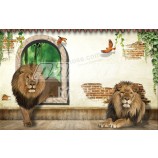 A233レンガの壁、緑の葉、ライオン、円形の窓や鳥3d壁のアートは、家の装飾のための墨塗りを印刷します