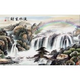 B231 Hand Painted Classical Watercolor Landscape Ink Painting of Rainbow and Waterfall