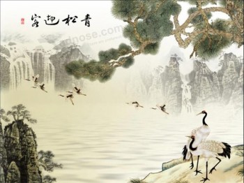 B242 Greeting Pine and Flying Crane Traditional Chinese Ink Painting Wall Art