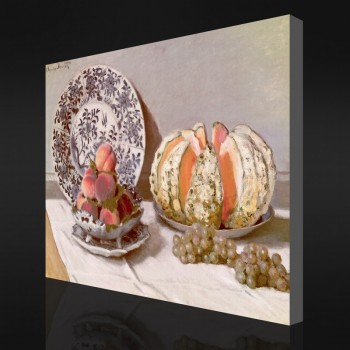 No-Yxp 018 claude monet-Ancora vita con un melone(1872)Decorazione d'arte della pittura a olio impressionista per la casa