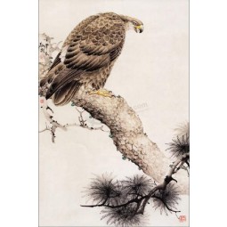 B284 Chinese Fine Brushwork Flower and Bird Ink Painting with Pine Hawk for Wall Decoration