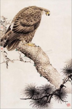 B284 pittura a inchiostro cinese con fiori e pennellate raffinate con falco di pino per decorazione murale